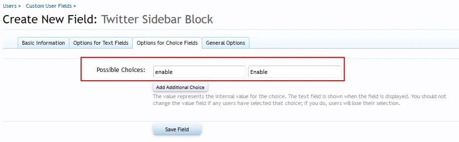 Add custom user field - Choice tab