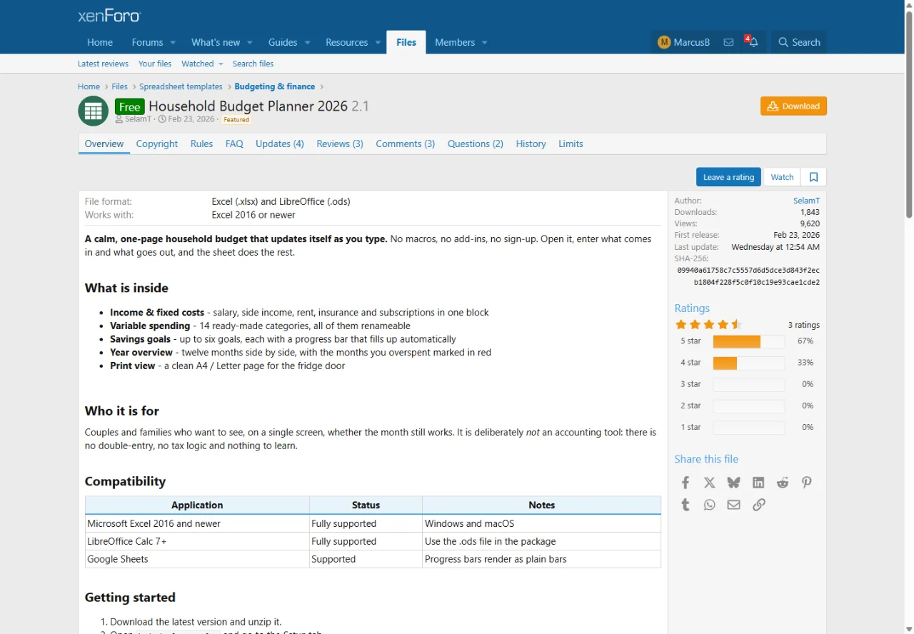 File page: overview tab, download button, version and checksum