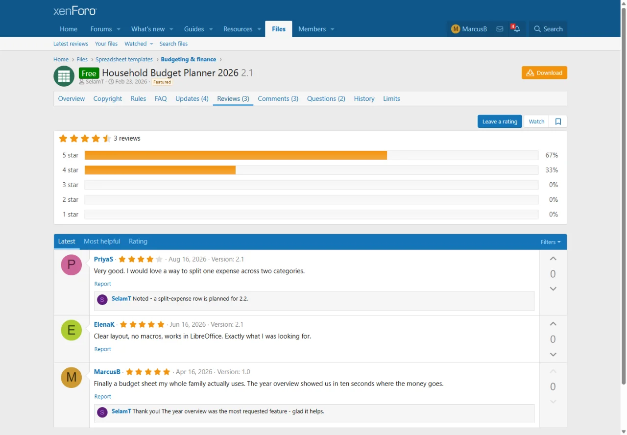 Reviews with star ratings, helpful votes and author reply