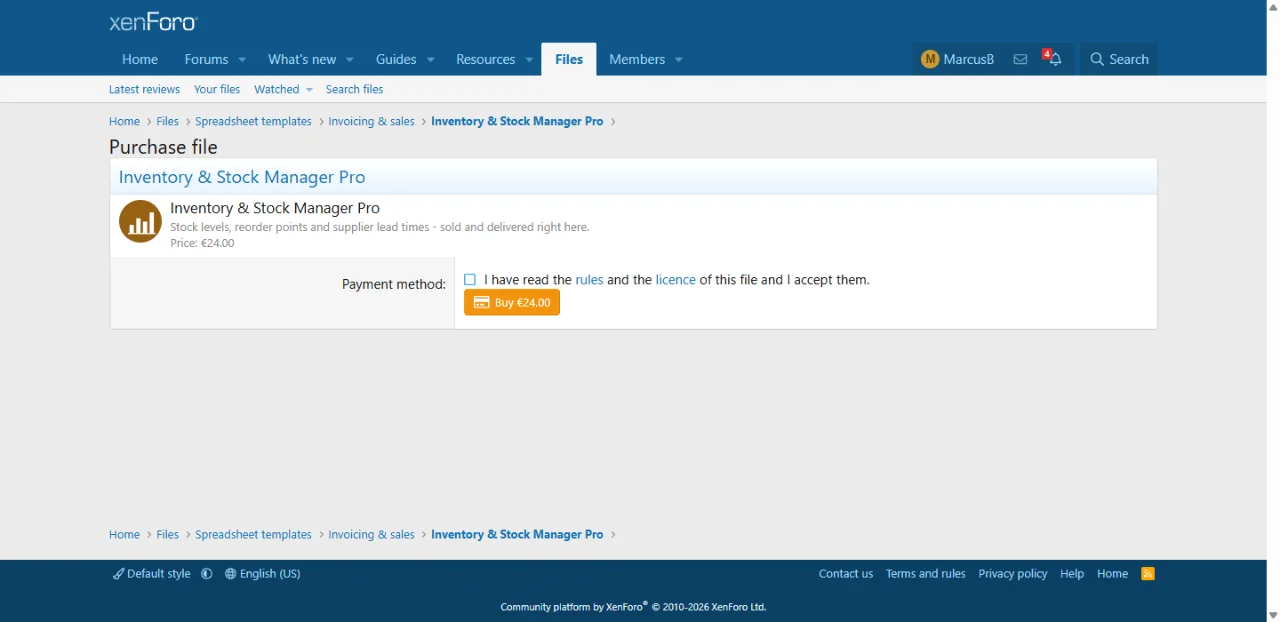 Purchase dialog with mandatory acceptance of rules and licence