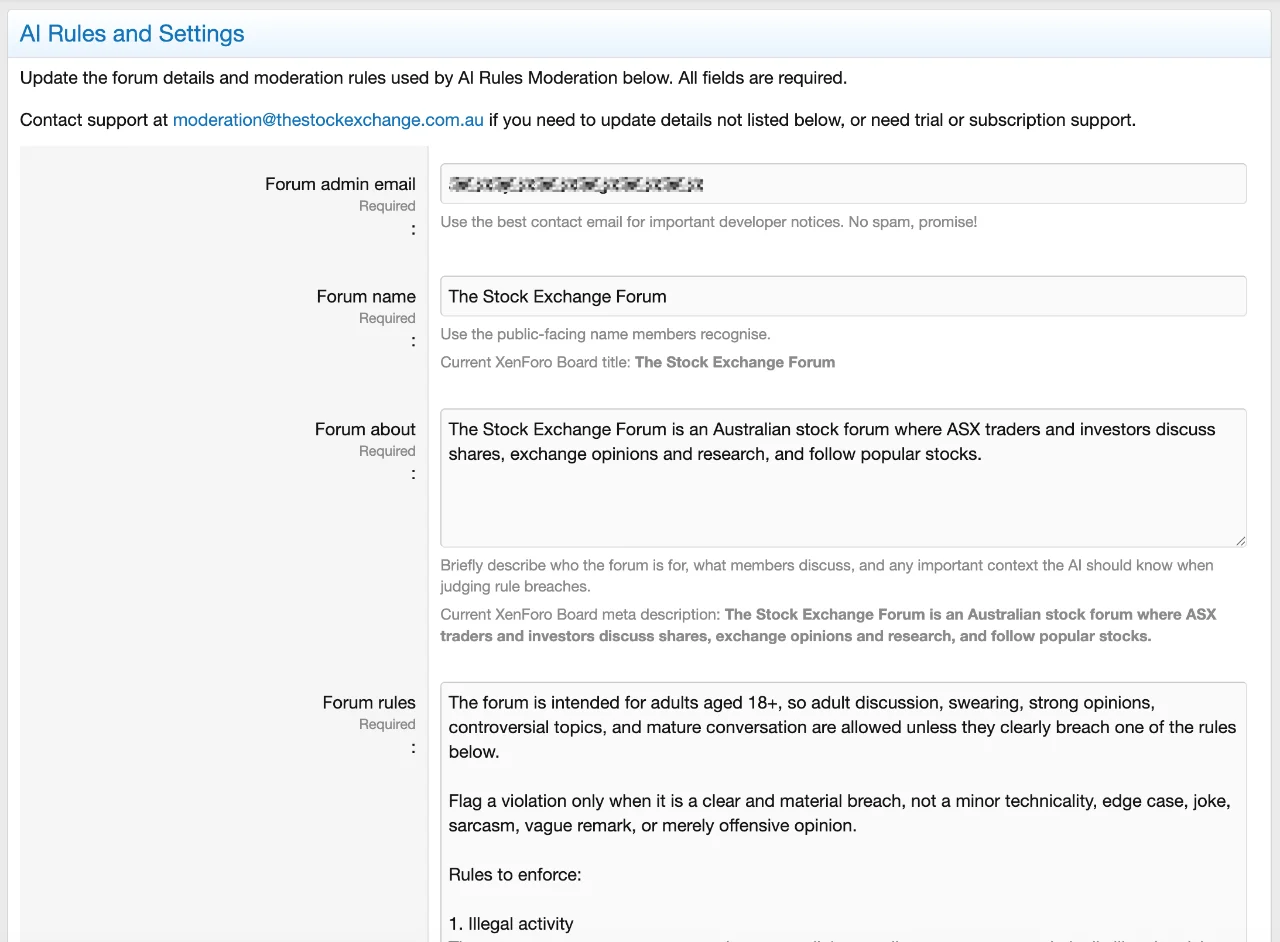 AI Rules and Settings page in the XenForo Admin CP