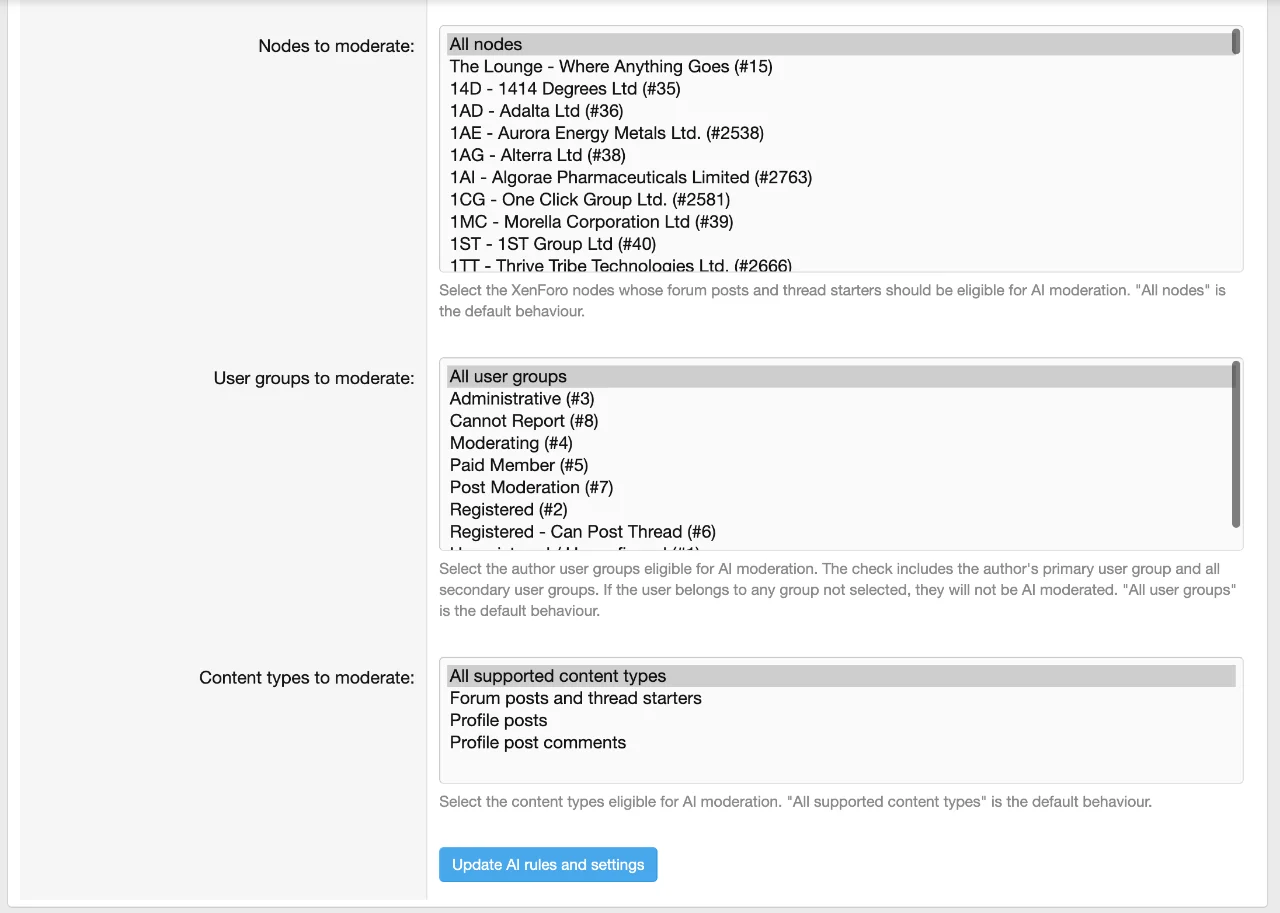 Moderation scope settings showing nodes, user groups and content types