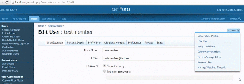 Admin Panel in Edit User Can't button "Ban user / Merge with User" | XenForo  community