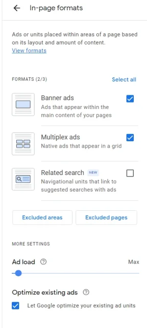 AdSense in-article advert settings
