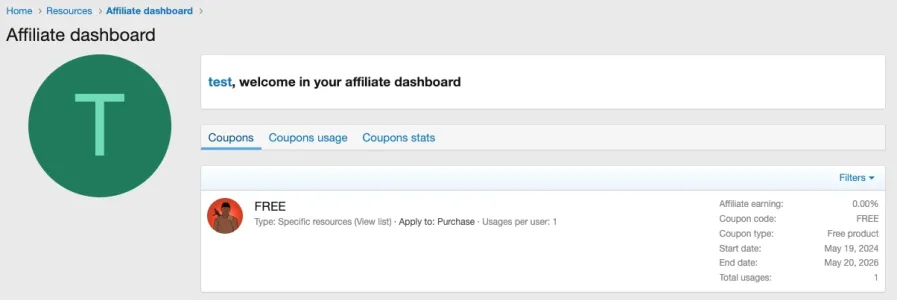 04 - Affiliate dashboard - Coupons list.webp
