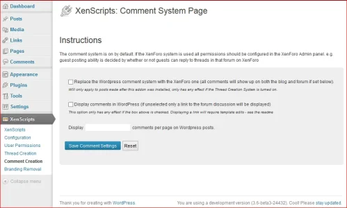 XenScripts 1.3 alpha Admin Panel Comment Settings Page.webp