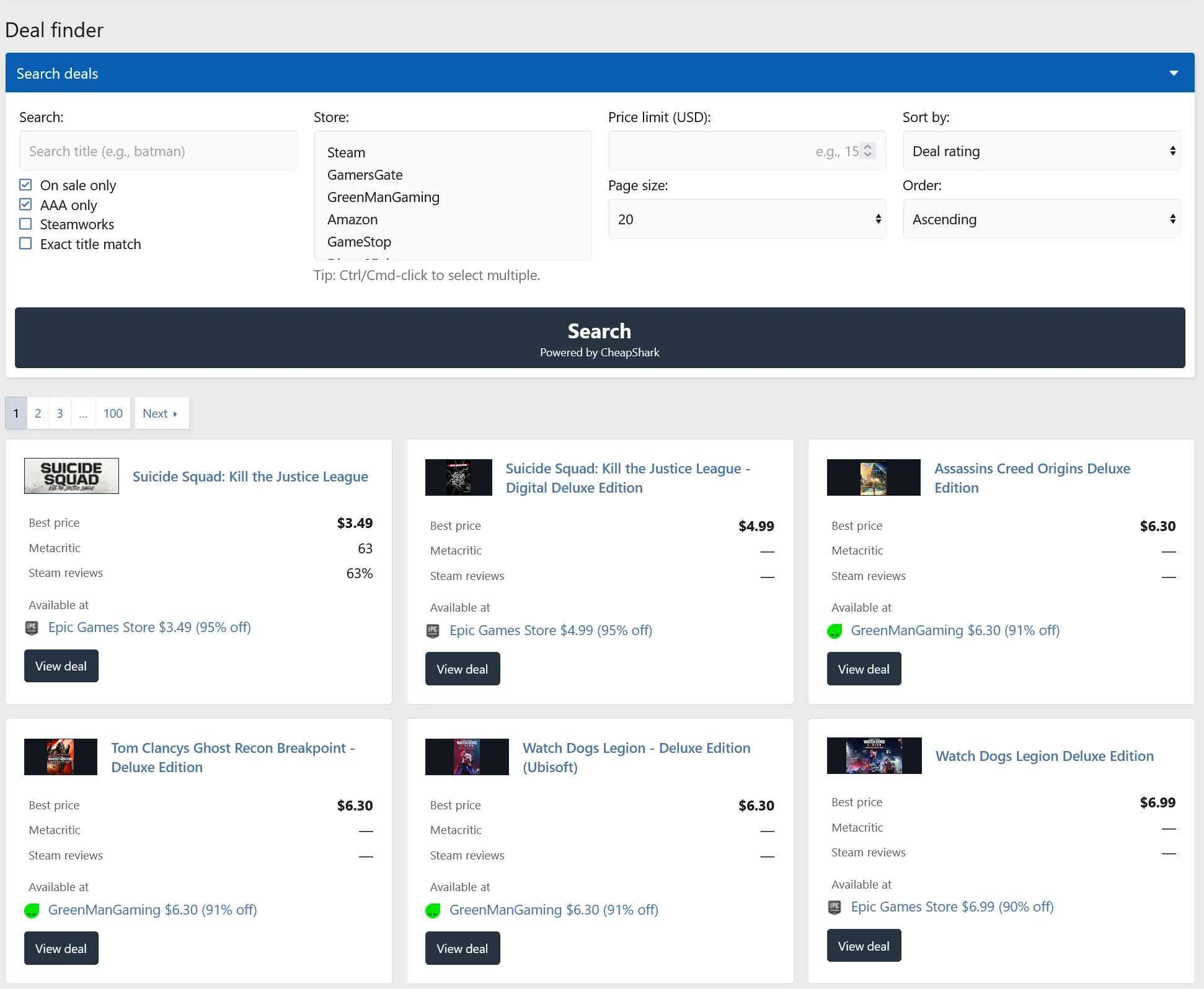 Video game deal finder
