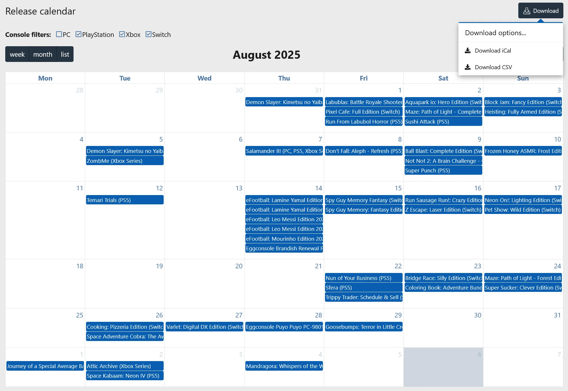 Video game release calendar