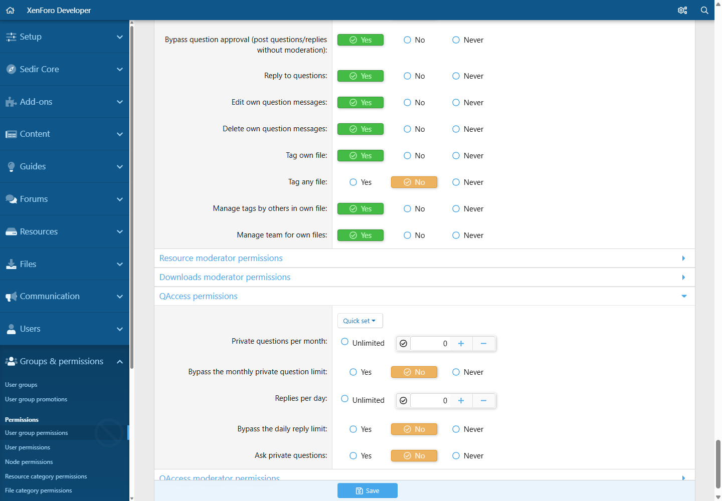 Permissions: more than 60 permissions in two groups, per user group and per category