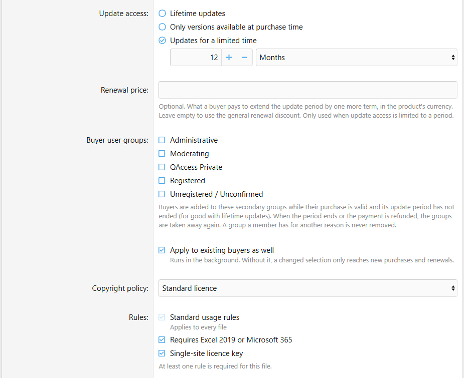 Product form: renewal price and buyer user groups