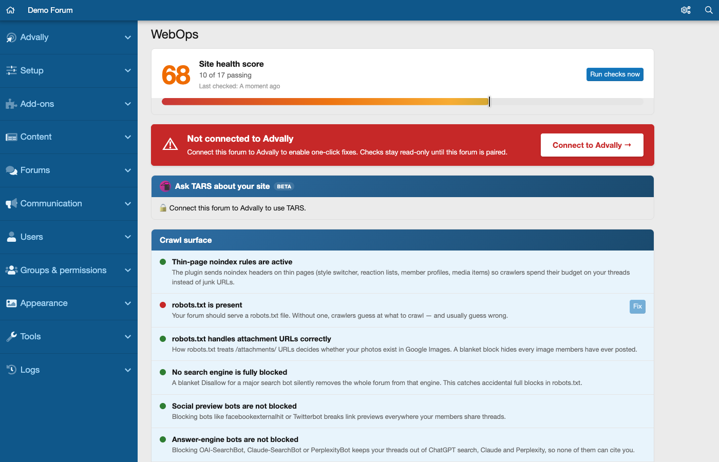 The WebOps screen: a site health score and a list of crawl checks