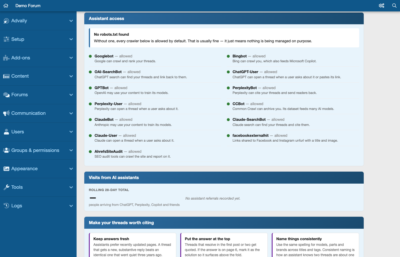 Assistant access: which search and AI crawlers can reach the board, and visits from AI assistants