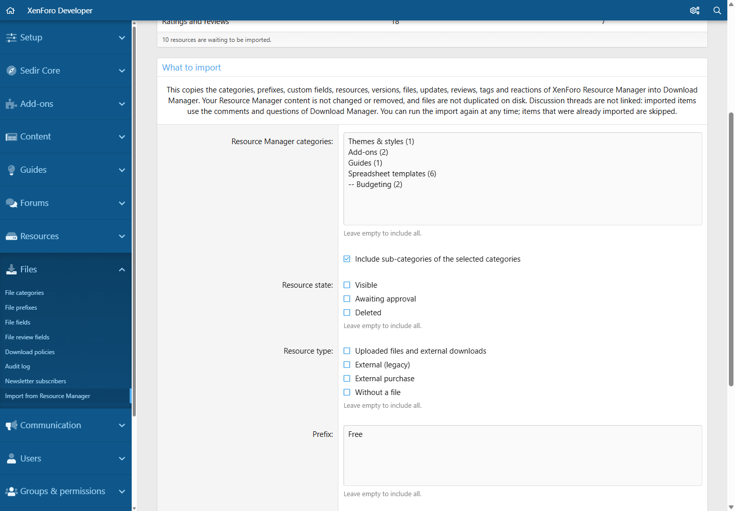 Resource Manager import: criteria