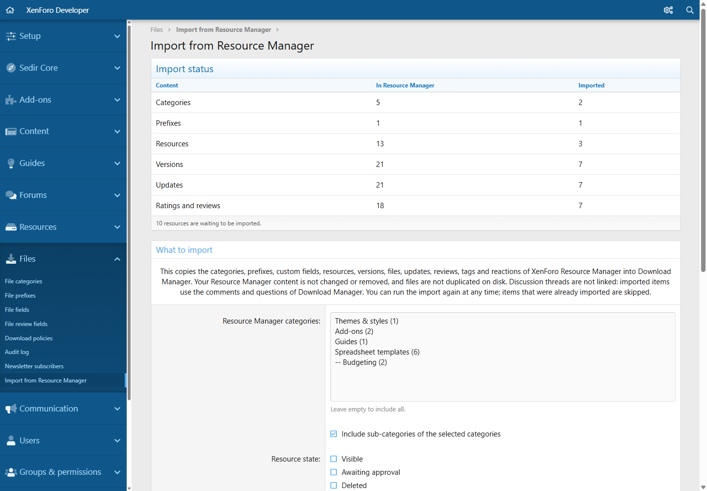 Resource Manager import: status
