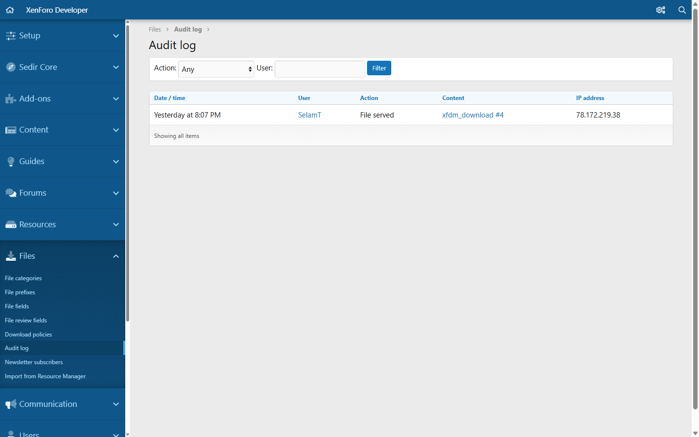 Audit log: downloads and blocked attempts