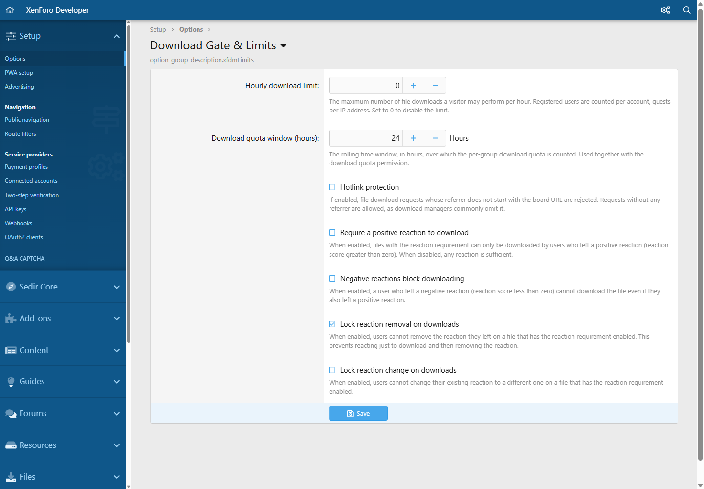 Options: download limits (quota, waiting time, countdown, rate limit)