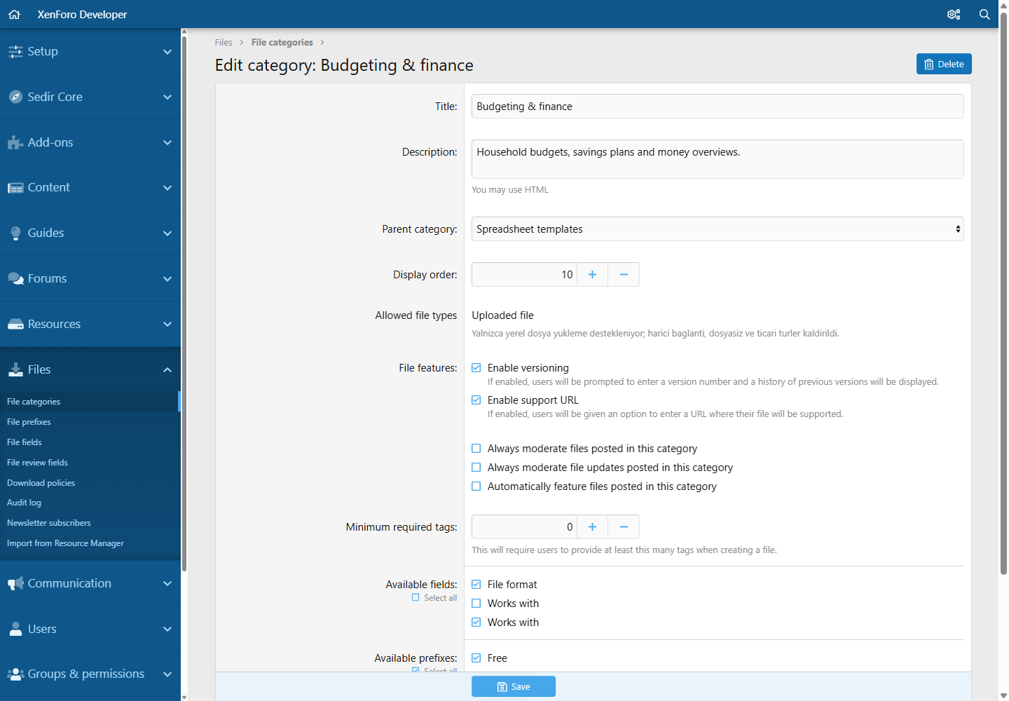 Category editor with allowed file types