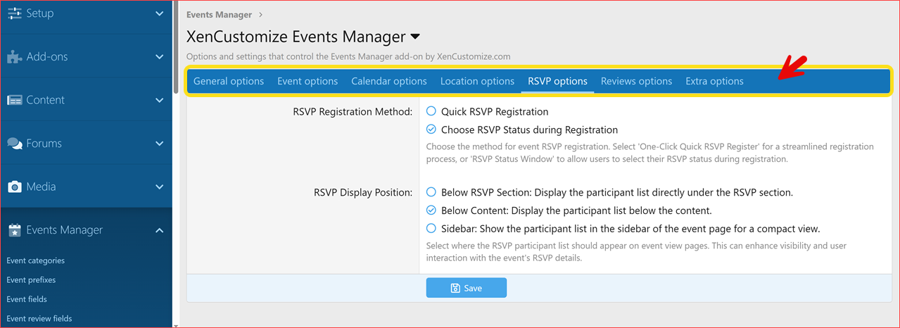 XenCustomize-Events-Manager-v238-Tabbed-Admin-Options-Interface.png XenCustomize-Events-Manager-v238-Tabbed-Admin-Options-Interface.png