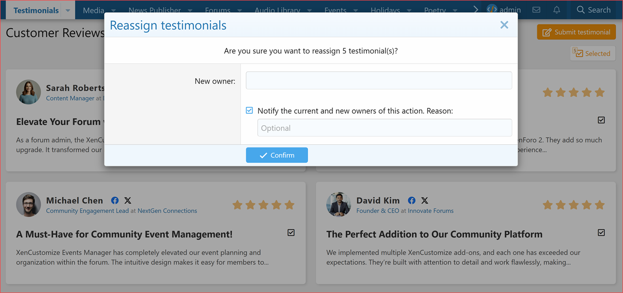 XenCustomize-Testimonials-220-Testimonial-Category-View-Inline-Moderation-Reassign-Testimonial...png XenCustomize-Testimonials-220-Testimonial-Category-View-Inline-Moderation-Reassign-Testimonial...png