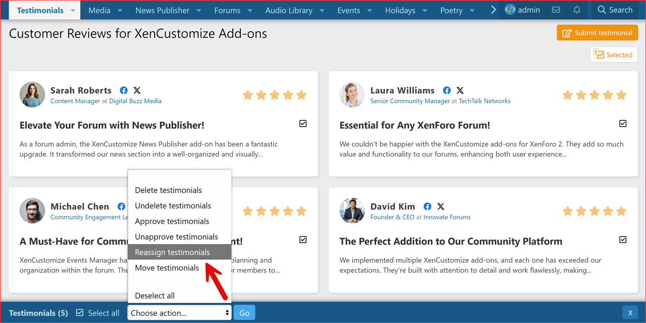 XenCustomize-Testimonials-220-Testimonial-Category-View-Inline-Moderation-Reassign-Testimonials.png XenCustomize-Testimonials-220-Testimonial-Category-View-Inline-Moderation-Reassign-Testimonials.png