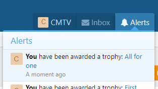 "All for one" trophy awarded notification.