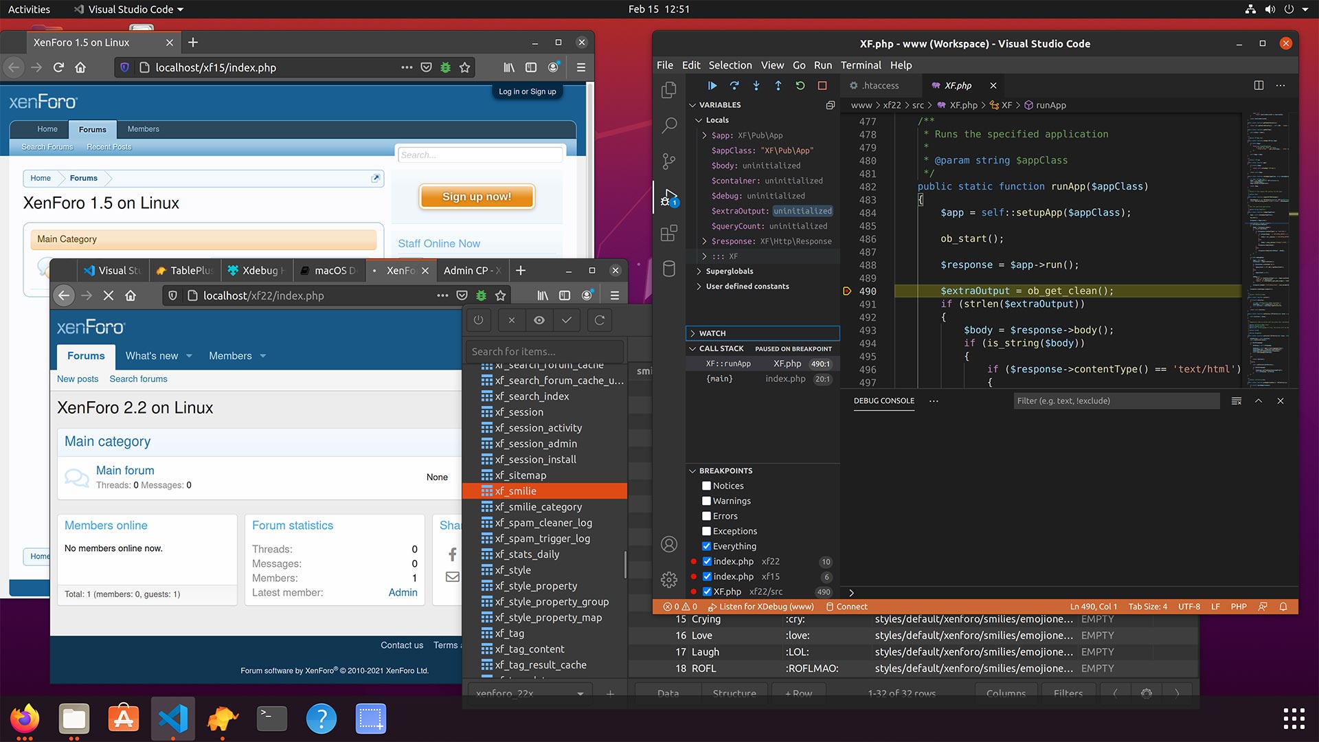 Screenshot: Ubuntu Linux running XenForo, being debugged by Xdebug with Visual Studio Code