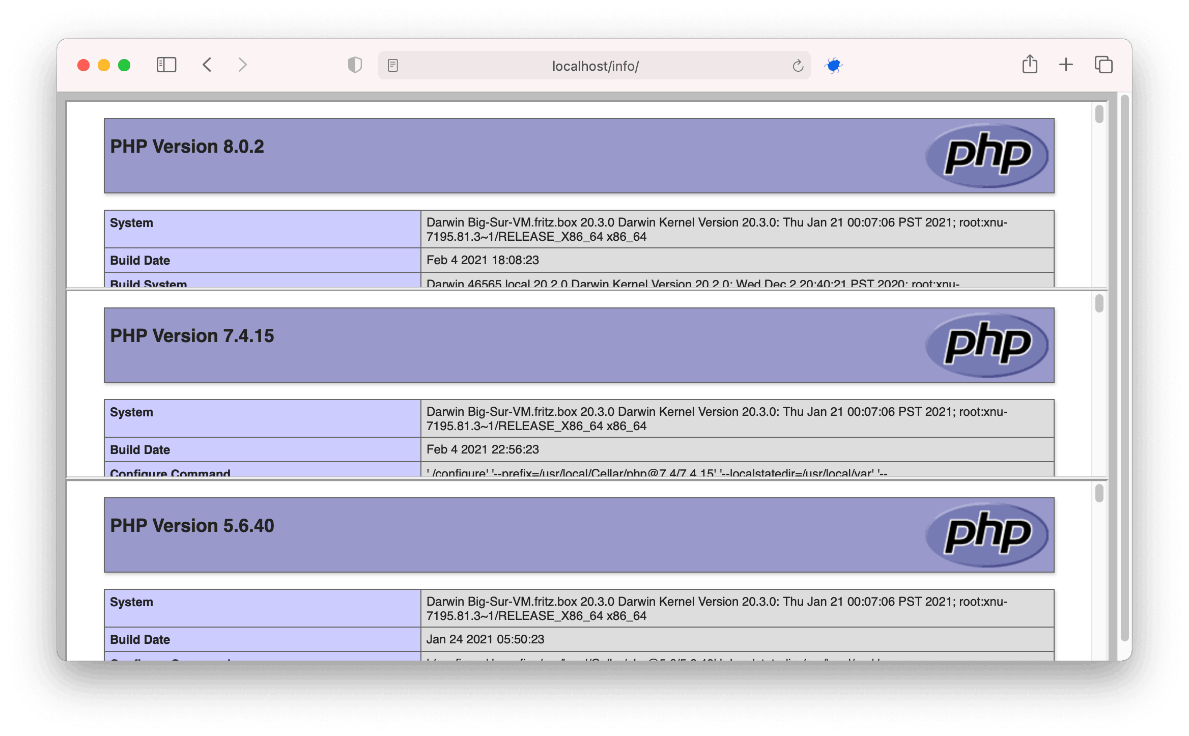 Screenshot: Three versions of PHP running concurrently through the Apache webserver