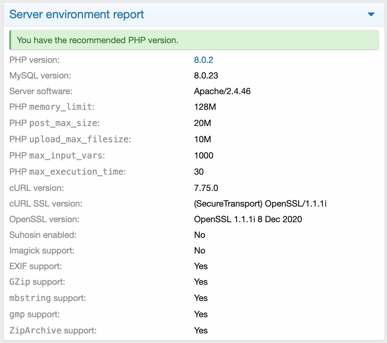 Screenshot: XenForo admin control panel reporting MySQL installed instead of MariaDB