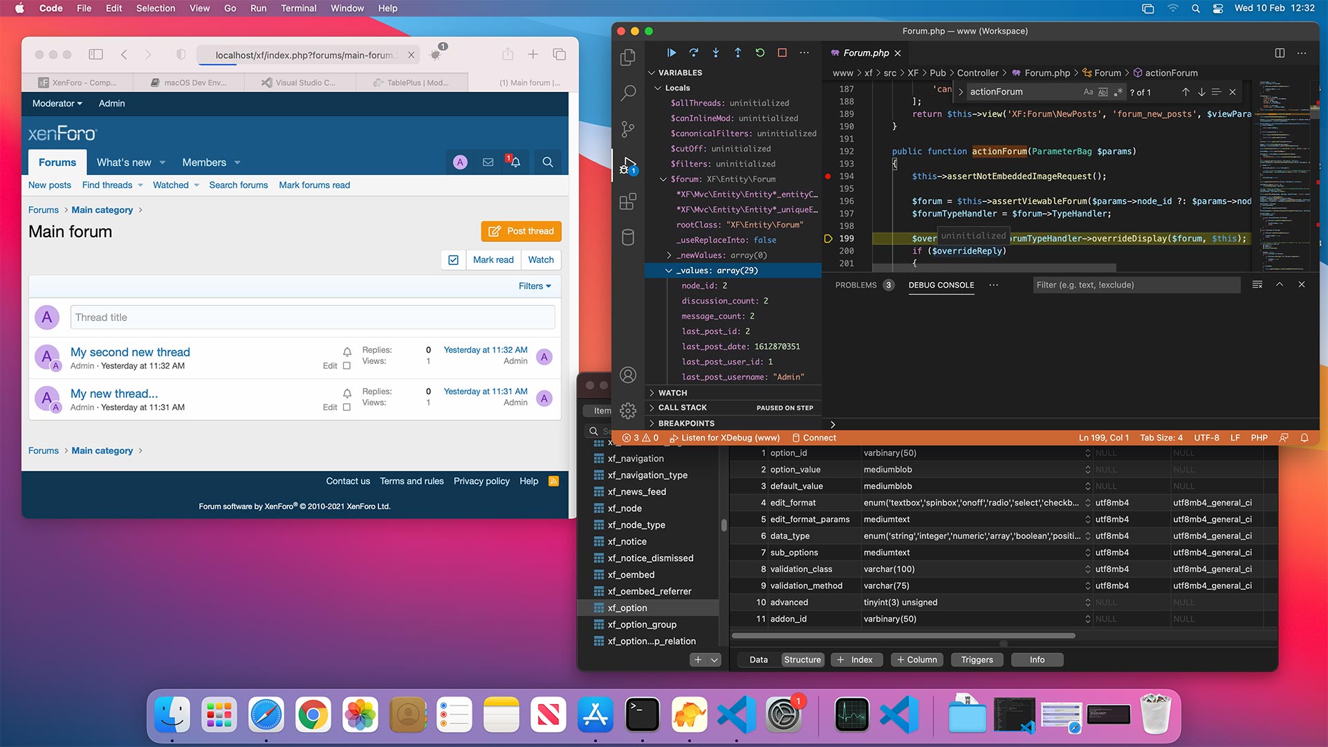 Screenshot: macOS running XenForo, being debugged by Xdebug with Visual Studio Code