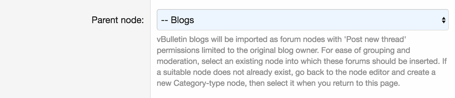 Seleccionar un nodo primario al que importar los Blogs de vBulletin